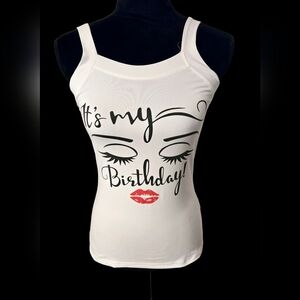 Chicme White It's My Birthday Tank Top Fashion Camisole W/Face Lips Bow Size L